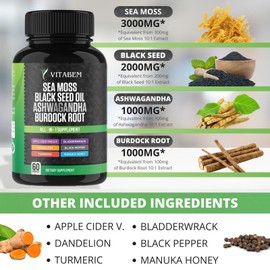 Sea Moss Black Seed Oil Ashwagandha Turmeric Bladderwrack Burdock Root | Advanced Sea Moss Capsules All in One Supplement with Seamoss Black Seed Oil Burdock Root Capsules - 60 Count