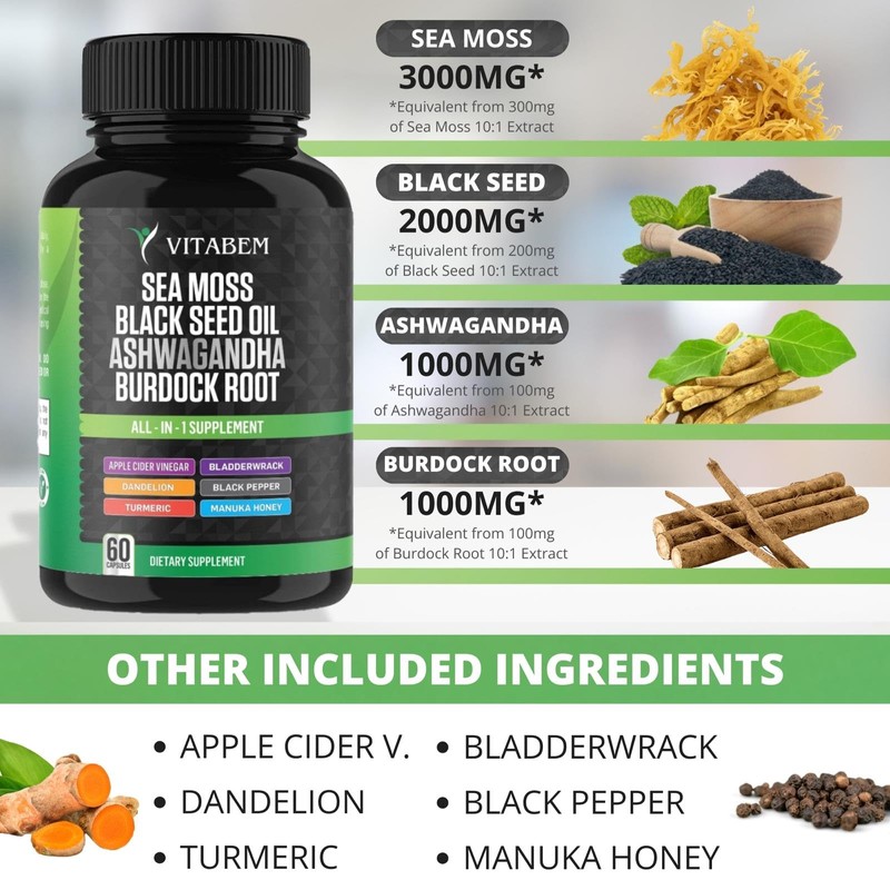 Sea Moss Black Seed Oil Ashwagandha Turmeric Bladderwrack Burdock Root