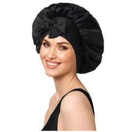MUYUNBOS 100% Silk Bonnet for Sleeping, 19 Momme Pure Mulberry Silky Hair Cap with Tie Band Stay On Head, Silk Hair Bonnet for Women, Reduce Frizz (Black)