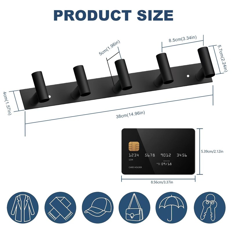 VAEHOLD Black Hat and Coat Wall Mount Rack 5 Hooks