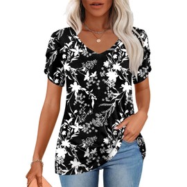 CATHY 2025 Women Tops Summer Comfy Short Sleeve V-Neck Tshirts Stretch Blouse Floral B-Windbell Large
