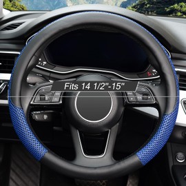KAFEEK Steering Wheel Cover, Universal 15 inch, Microfiber Leather Viscose, Breathable, Anti-Slip,Warm in Winter and Cool in Summer, Black&Blue