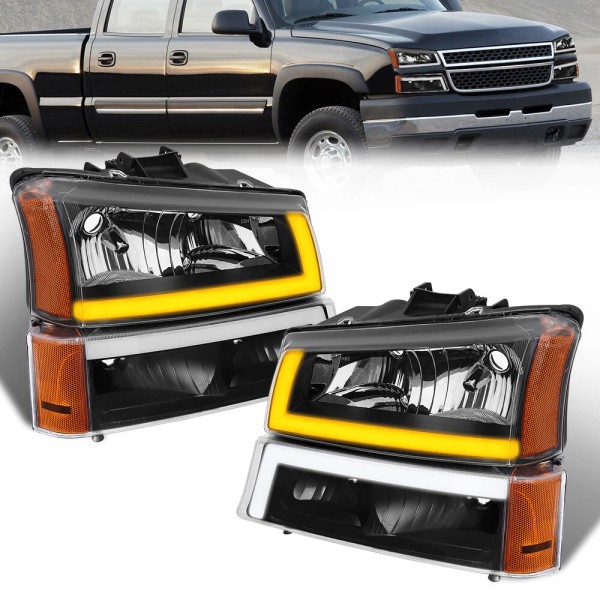 MOTORSPORTPLUS Black Headlights LED DRL Sequential Signals For 03-07 Chevy