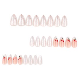 French Tip Press on Nails Medium Almond Fake Nails with Cherry Designs Glossy Nude Glue on Nails Acrylic False Nail Tips Cute French Press on Nails for Women Summer Finger Manicure Decorations 24Pcs