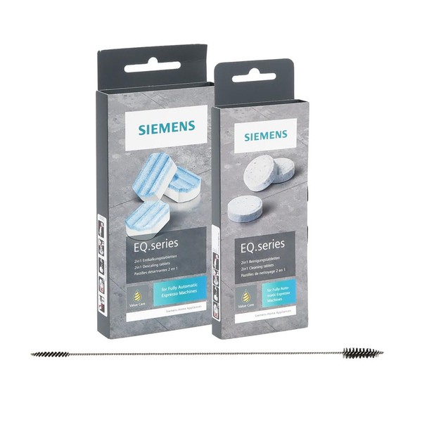 Care Pack Consisting of: Siemens TZ80002 Descaling Tablets and TZ80001 Cleaning Tablets with 1 Brush, Compatible with All Siemens EQ Fully Automatic Coffee Machines