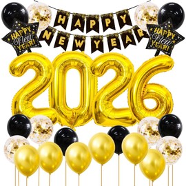 Jxuzh New Year's Eve Decoration 2026 XXL Set Black Gold 25 Pieces Foil Balloons (Number 2026) 80 cm Happy New Year Garland Stars Balloons for New Year's Eve Party, New Year, Year Change Party