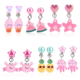 Mikovivi 6 Pairs Kids Clip on Earrings, Summer Beach Non-Pierced Drop Earrings Cute Starfish Crab Dangle Ear Clips Jewelry Gifts for Girls Toddler Princess Dress Up Accessories