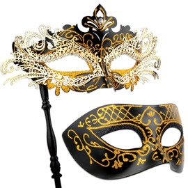 Hoshin Masquerade Mask for Couple, Mardi Gras Deecorations Venetian Masks with Stick for Womens(Black with Gold Line)