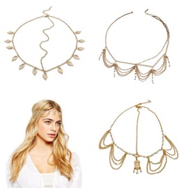 FOSDICK 3 Pieces Head Chain, Head Jewellery for Women, Gold Headpiece, Sparkle Rhinestone Headchain, Jewelry Boho Gold Headband for Womens and Girls Wedding Prom Festival