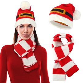 Toulite Christmas Knitted Hat and Scarf Set Winter Warm Scarf Set Unisex Knitted Hat Christmas Caps Handmade Scarf for Adults (Santa Style)