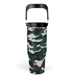 SANDJEST Camo Tumbler with Handle 30oz - Camouflage Tumblers Stainless Steel Insulated Flip Straw Coffee Travel Cup, Gifts for Men Veteran Hunting Lover Sport Outdoor Workout