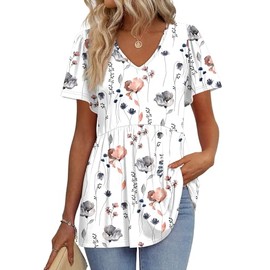 Plus Size Peplum Tops Womens Tops Dressy Casual Maternity Clothes V Neck Short Sleeve Shirts Boho Top White Flower 2XL