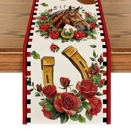 Horseshoe Roses Kentucky Table Runner, Festival Sports Holiday Kitchen Dining Table Decoration for Home Party Decor 13x72 Inch