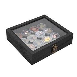 MOOCA Tempered-Glass Top Small Wooden Jewelry Display Case with Removable Black Luxurious Velvet Jewelry Display Pad, Deeper 2.2" Design for Collectibles, Black Color.