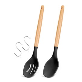 Large Silicone Cooking Spoons, 2 Pack Nonstick Solid and Slotted Wooden handle Spoon Set, Heat Resistan Silicone Kitchen Spoons for Cooking, Serving, Basting, Mixing (Black)