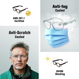 ProtectX Stylish Anti-Fog & Scratch-Resistant Safety Glasses With Readers, UV Protection Goggles, Anti-Impact Lightweight Glasses for Men＆Women Charcoal Reading 1.5