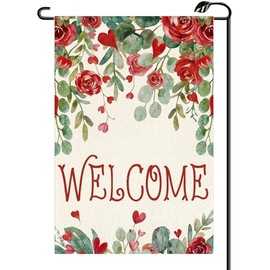 Welcome Valentines Day Floral Garden Flag 12x18 Inch Vertical Double Sided Roses Small Flags Anniversary Wedding Outside Decoration For Yard (ONLY FLAG) QR03