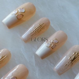 GLORS Handmade Press On Nails, Long Ballerina Shape, Pink and White Shell Design, 10 Pieces (XS,LB)