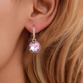 Aneneiceera Vintage Pink Square Dangle Earrings Gold Pink Square Earrings Pink Crystal Drop Earrings Retro Cz Pink Huggie Hoop Earrings for Women (Pink)