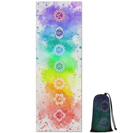 Yoga Mat Towel with Corner Pockets - Microfiber Yoga Towels for Hot Yoga Non Slip Moisture Wicking Sweat Absorbent, Chakra Yoga Towel Easy for Travel, Use in Hot Yoga, Bikram, Pilates and Fitness