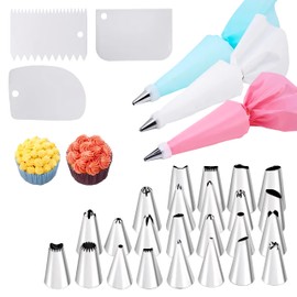 1 piping bag (12 inches) + 24 piping nozzles + 3 scrapers + 1 converter piping bag with nozzles, large piping bag set, nozzles for L, reusable