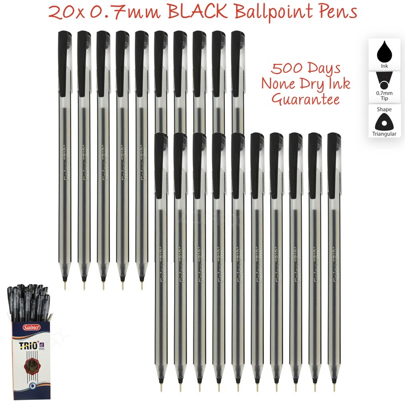 SAINO Trio 20 x 0.7mm Point BLACK Ballpoint Pens Smooth