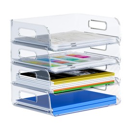 PAG-Mass Paper Organizer for Desk, 4-Pack Stackable Letter Tray Set, Plastic Office Organization and Accessories Storage, Desktop File Mail Document Organizers, Inbox Tray for Desk, Clear