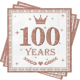 Xunerloy 40Pcs 100th Birthday Napkins Rose Gold, Happy 100th Birthday Serviettes White Napkins for Women Men Her He Anniversary Decoration