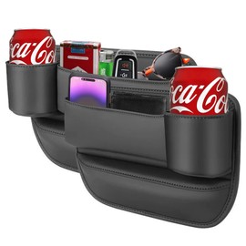 Cozioz Universal Car Seat Gap Catcher with Cup Holder – Organizer Storage for Cars, Trucks & SUVs, Stops Things from Dropping Between Seats (Black, Driver + Passenger)