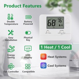 Wengart Non-Programmable Thermostat for Home,1 Heat/1 Cool with LCD Green Backlight Screen,Compatible with Single Stage Systems White (601_Blue)