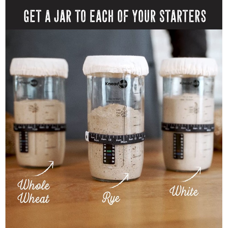 KNEADACE Sourdough Starter Jar With Date Marked Feeding Band, Thermometer,