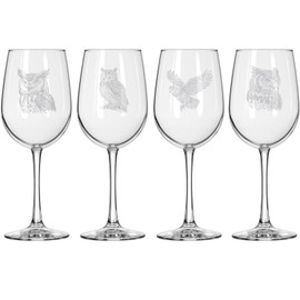 MIP Set of 4 Wine Glass for Red or White Wine Gift Owl Collection (16 oz Tall Stemmed)