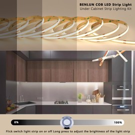 BENLUN 12V COB LED Under Cabinet Strip Lighting Kit 32.8ft, 4000K Natural White Cuttable LED Tape Lights 8W/M CRI 93 320LEDs/M with Dimmer and Power Supply for Kitchen Bookcase Shelf Display