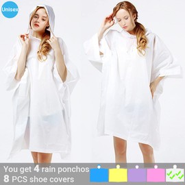 Kallwong 4 Pack Rain Ponchos for Adult,Reusable Raincoat Rain Jacket Rainwear Women Girls Men,with Disposable Waterproof Shoe Covers (White)