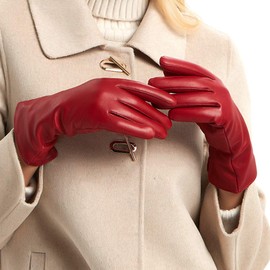 MGGMOKAY Women's Cashmere Lined Leather Gloves, Red (Thouchscreen), M