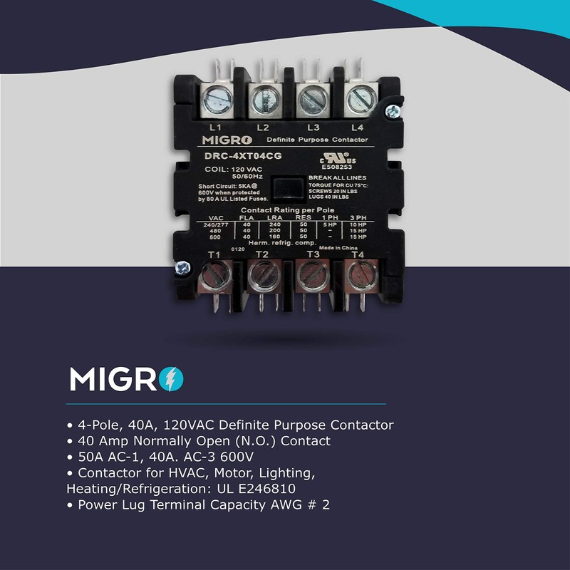 Migro 4 Pole 40 AMP 110/120 VAC Coil Heavy Duty