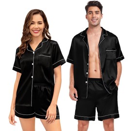 SWOMOG Couple Matching Pajamas Sets Women & Men Button Down Silk Pjs Short Sleeve Soft Lounge Sets 2 Pcs Loungewear Black