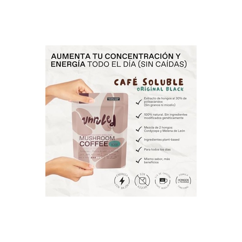 UNRULED - Mushroom Coffee Cafe con Hongos Adaptógenos Sabor Black