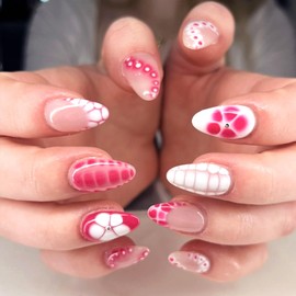 French Tip Press on Nails Medium Almond Fake Nails with Designs Flower Gel Glue on Fingernails Rhinestone False Nails White Pink Lines Acrylic Nails Glossy Stick on Nails for Coquette Women