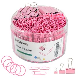 DANRONG Pink Binder Clips Paper Clips,380 PCS Assorted Sizes Paperclips Paper Clamps Rubber Bands for Files, Papers, Home Supplies (Pink)