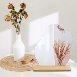 Generic Makeup Mirror Frameless | Vanity Decorative Desk Tabletop Mirrors with Wooden Stand for Living Room, Bedroom, Bathroom | Minimalist Spaces Home Decor | Cloud Aesthetic