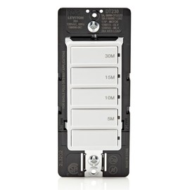 Leviton DT230-1LW Countdown Switch for bathroom household lights, 5-10-15-30 min, Neutral Wire Required, 20A, 1HP/16A Fan/Motor, Single Pole, Multi-Way or Multi-Timer, White