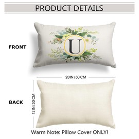 Snycler Monogram Letter U Throw Pillow Covers Floral 12x20 Inch, Greenery Spring Pillows Decorative Throw Pillows Pillowcase Summer Farmhouse Decor for Couch Sofa, Family Last Name Initial Pillow Case