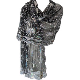Xvbhaq Women's Sequin Lace Pashminas Black Embroidery Stole for Travel Festive Evening Dress Bridal Wedding, black silver