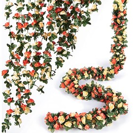 PONKING Artificial Rose Vine Flowers with Green Leaves, 8 Vine Plant 68FT Hanging Fake Flower Garland, Roses Vine for Home Hotel Office Wedding Party Garden Craft Wall Decor (Champagne)