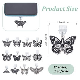 PLIGREAT 12 Pcs Type C Dust Plug Charm, Butterfly Mobile Anti Dust Plugs USB Charging Port Plugs Pendants Dustproof Plug with Alloy Butterfly for Most Type C Phone Kindle, Gothic Style