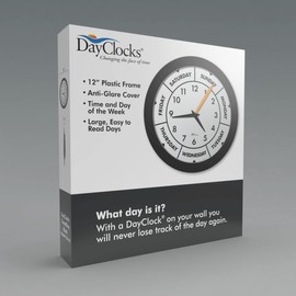 DayClocks Time & Week-Day Wall Clock with Solid Plastic Frame – Weekly Analog Clock with Days, Hours & Minutes – Quiet Wall Mounted Clock - Ideal Retirement Gift for Men & Women, Black, 12"