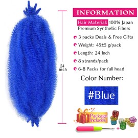 Afro Twist Hair 24 Inch 3 Packs, Springy Afro Twist Hair Pre Fluffed Spring Twist Hair Pre Stretched Wrapping Hair for Soft Locs Hair Extensions (24 Inch (Pack of 3), Blue#)