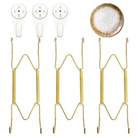 Plate Hangers for The Wall, Suitable for 6-8 Inch Wall Plate Hangers for Display 3 Pack Stainless Steel Invisible with Invisible Nails Plate Hangers for Displaying Plates Decorative(Gold)