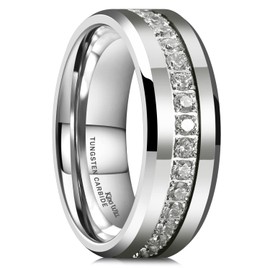 King Will Mens Cubic Zirconia Wedding Ring - Tungsten Carbide 8mm Comfort Fit Band, Polished Silver Engagement Anniversary Rings for Him V 1/2 (11)